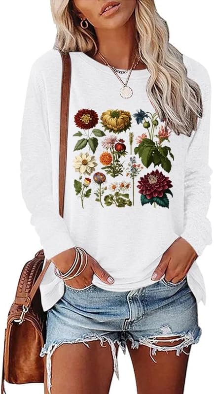 Womens Fall Cute Graphic Long Sleeve Tops Crew Neck Printed Nature Tshirts Tops