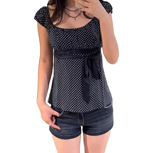 Women Y2k Fairy Coquette Babydoll Shirt Short Sleeve Polka Dot Peplum Baby Tee Blouses Summer Going Out Crop Tops (Blue, S)
