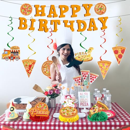 Image of Pizza Birthday Party Decorations - 11PCS Pizza Happy Birthday Banners Hanging Swirl Honeycomb Centerpieces Table Decor Supplies