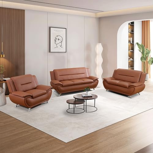 Image of Leather Sectional Couch, Furniture for Living Room, 3 - Piece Couch Set, Faux Leather Modern Sofa Loveseat Chair Set with Sturdy Legs for Living Room /Bedroom /Office,Bright Bronze