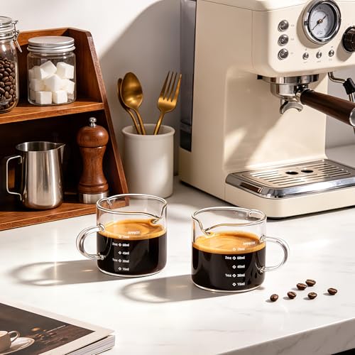 Image of Espresso Cups Set of 2: Espresso Machine Accessories - Dual Scale Glass Measuring Cup and Espresso Shot Cups - Essential Coffee Bar Accessories - 4oz Glass Espresso Cup Set with Handled and Spout