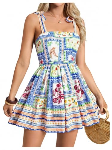 Image of MakeMeChic Women's Summer Floral Mini Dress Shirred Tie Shoulder Sleeveless A Line Short Cami Sundresses