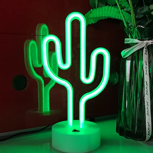 Image of JYWJ Neon Signs with Holder Base,USB or 3-AA Battery Powered Neon Light,LED Desktop Wall Decoration,Various Parties,Decoration of Business Premises(Cactus)