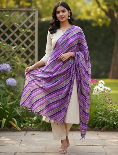 Image of Women's Cotton Blend Striped Print Dupatta with 2.20 Meters | Women's cotton printed dupatta with tassels