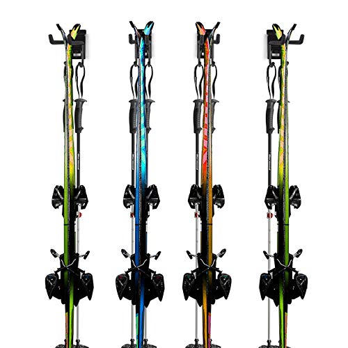 Odoland 4 Ski Slatwall Hooks Wall Storage Rack with 4 Ski Strap Carrier, 2 Pairs of Snowboard Rack Wall Mount, Home and Garage Heavy Duty Storage Hanger