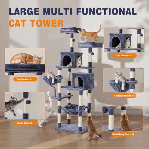 Image of Sweetcrispy 71 inch Cat Tree Tower, Large Multi Level Cat Climbing Tower with Condo, Natural Sisal Scratching Posts, Platform, Hammock, Basket, Tall Pet Tree House for Indoor Cats Play, Dark Blue
