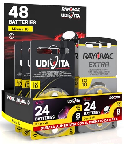 48 Batterie Misura 10 per Apparecchi Acustici Auricolari PR70 (Gialle - Zinco Aria) con Phono Pulse Technology per Amplificatore Acustico - 48 Pile: 24 Udivita + 24 Rayovac