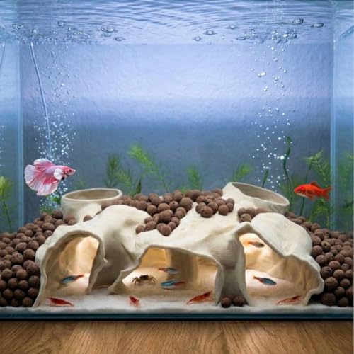 Large Aquarium Tunnel & Cave (9.5 L) 3D Printed Substrate Viewer Fish Hideout with Wide Top Entrances Tank Decor for Small Fish Corydoras Betta & Shrimp- Set with 3 Mini Accessories (Yellow)