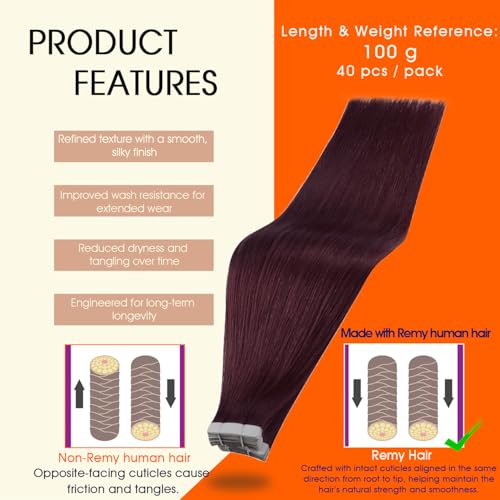 Image of Full Shine Tape Extensions Color 99J Wine Red Tape in Hair Extensions Human Hair 22Inch Remy Seamless Skin Weft Straight Invisible Extension 100G 40Pcs for Natural Look