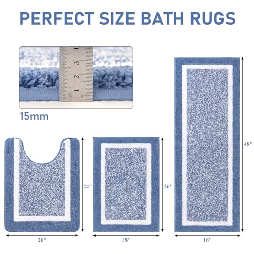 Pauwer 3 Pieces Bathroom Rugs Sets, Ultra Soft Non-Slip Mats, Microfiber Absorbent Bath Rugs with U-Shaped Toilet Rug for Bath Floor, Tub, Shower, Blue
