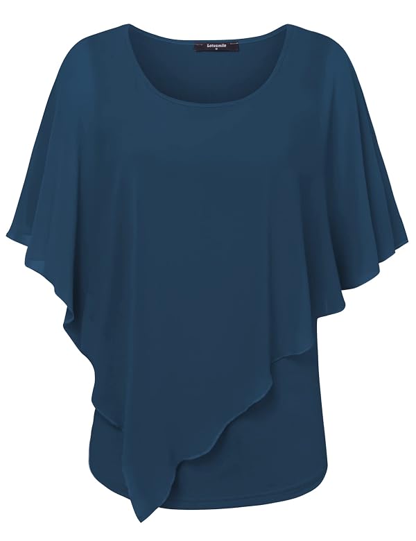 Lotusmile Women's Lightweight Flowy Shirt Double-Layered Printed Chiffon Poncho Blouse Top (Blue, 3X-Large) by Lotusmile - Used condition - Image 5