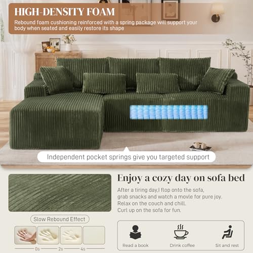 Image of 110 inch L Shaped Cloud Boneless Sectional Couches for Living Room, Modern Comfy Modular Deep Seat Memory Foam Compressed Corduroy Sofa Oversized Left Facing Chaise, No Assembly Required, Green