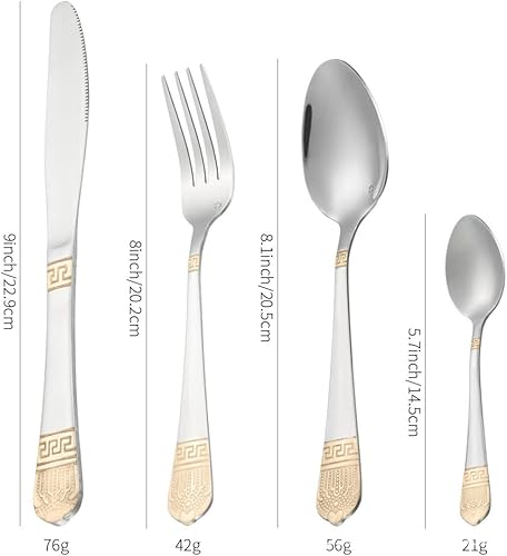 Miniatura 5 de Juego de cubiertos de 72 piezas para 18, juego de cubiertos de acero inoxidable, moderno juego de cubiertos con detalles dorados, cuchillo, tenedor,