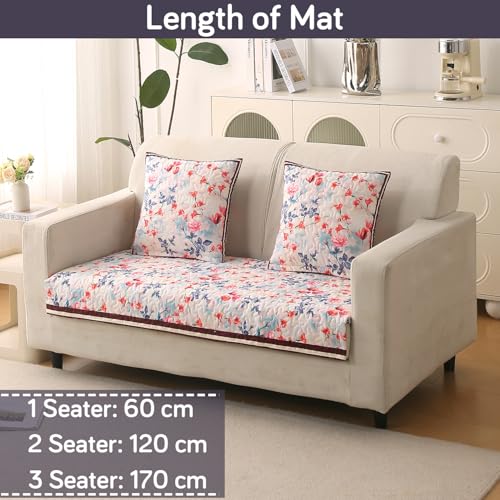 Image of HOKIPO 'Florentina Series' Foam Filled Premium Holland Velvet Sofa Cover Mat for 2 Seater Sofa with Anti-Slip Backing, Scarlet Rose Ivory (IN-879-V4)