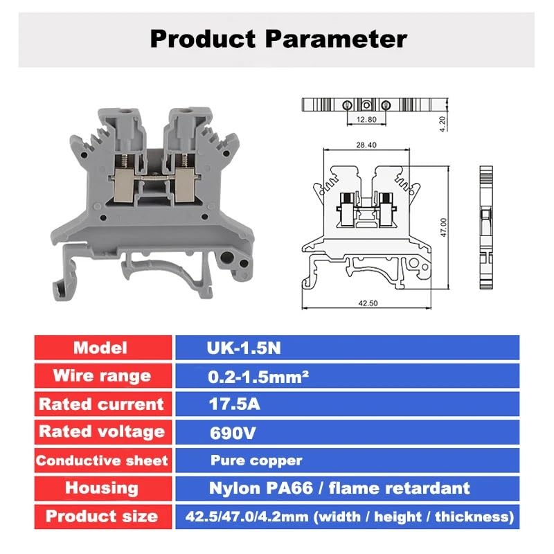 30Pcs Terminal Block UK1.5N Din Rail Screw Type Bornier Electric Wire Cable Connector Pure Copper 17.5A 1.5mm2 16AWG