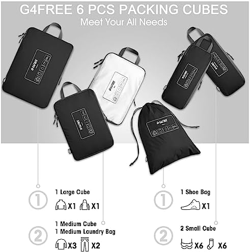 G4Free 6 Sets Compression Packing Cubes, 3 Sizes Waterproof Travel Luggage Organizer Foldable Storage Bags Set, Lightweight Accessories Essentials