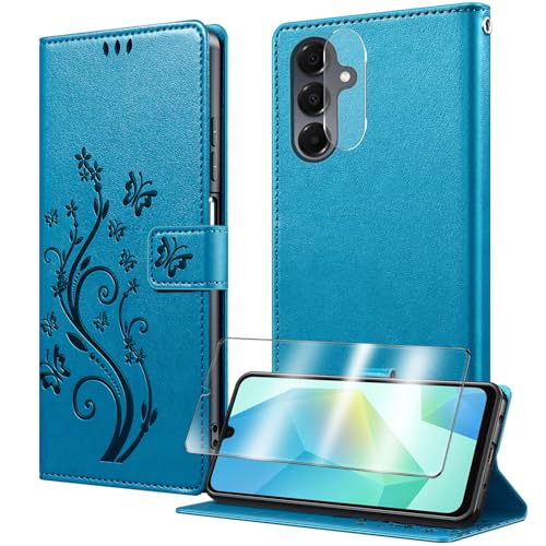 MQERYBV Handyhülle für Samsung Galaxy A17 Hülle mit 1*Schutzfolie & 1*Kamera Folie, PU Leder Brieftasche Stoßfeste [Magnet][Standfunktion][Kartenfächern] Schutzhülle Klapphülle Flip Case, Blau