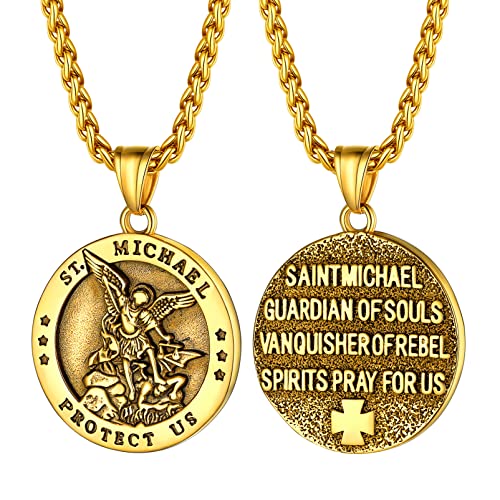 PROSTEEL Saint St Christopher/Benedict/Michael Medal Necklace for Men, 316L Stainless Steel Protection Necklace Catholic Jewelry, 22"-24" Adjustable, Come with Box Gold 12. St. Michael-Round