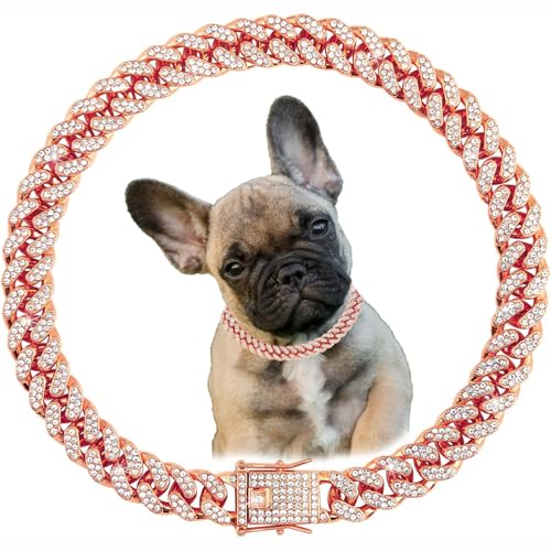 Collares de Cadena de Perro de Oro Rosa para Perros Grandes, Collar de Perro de Diamante Brillante con Purpurina, Eslabones Cubanos de Metal, Collar de Perro para Perros Pequeños, Medianos y Grandes