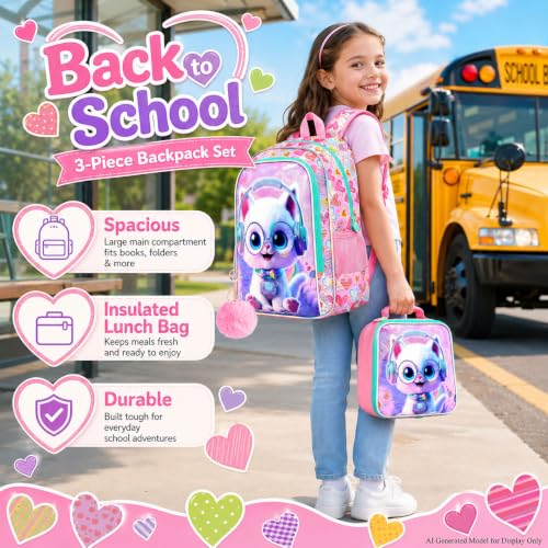 Image of AGSDON 3PCS Backpack for Girls, 16 inch Little Kids Cat Preschool Bookbag, Elementary Backpacks and Lunch Box - Purple