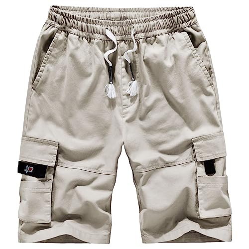 Jamron Hombre Tallas Grandes Pantalones Cortos Cargo con Cintura Elástica y 8 Bolsillos Verano Pantalones Cortos Casuales de Algodón Beige 5XL