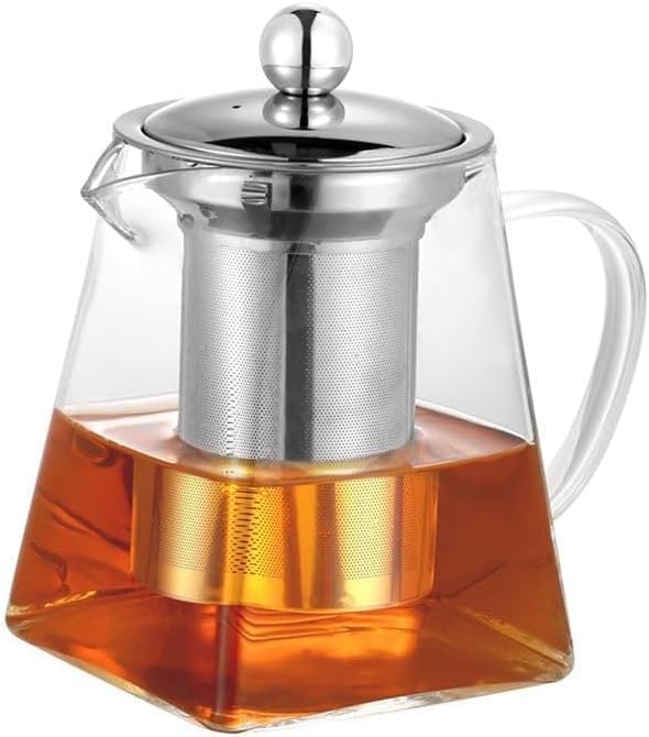Square Glass Teapot with Infuser, 350ML Tea Pot for One, Clear Easy Clean Borosilicate Glass Teapot for Stovetop Safe