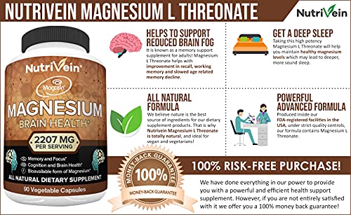 Nutrivein Magnesium L-Threonate (Magtein) 2207Mg - Boosts Brain Health, Memory & Focus, Sleep & Recovery, Reduces Fatigue - 30 Day Supply (90 Capsules, Three Daily) #TOP1