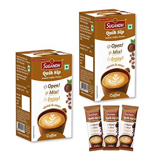 Image of Sugandh Quik Sip Instant Coffee Premix (Pack of 2) - Single Serve Sachets - Unit Count: 2 Boxes of 10 Sachets each, Medium Roast