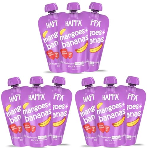 Image of Happa Organic Baby Food Mango and Banana Puree | 100% Fruits | No Added Sugar, No Milk Powder, No Preservatives | Stage 2 (6 Months+) | Ready to Eat | Free from Common Allergens | Pack of 9 (100g Pack)