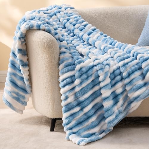 Image of BEDELITE Ribbed Fleece Throw Blanket for Couch, Blue&White, 50 inchx60 inch | Ultra-Soft Plush Fleece, Warm Yet Lightweight, Ribbed Texture, Home Decor, Machine Washable, Giftable, All-Season Use