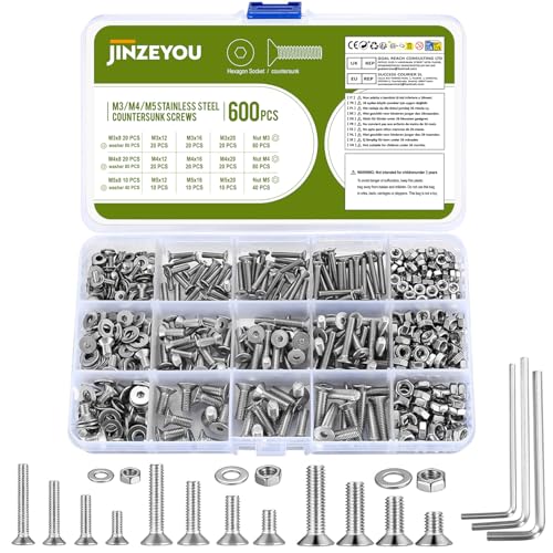 Senkkopfschrauben und Muttern und Unterlegscheiben Set, 600 Stk M3 M4 M5 Flachkopfschrauben Innensechskant Schrauben Gewindeschrauben mit Muttern und Unterlegscheiben Sortiment Kit