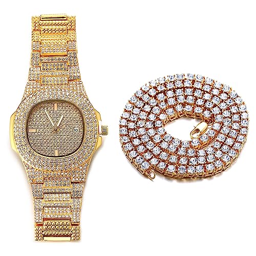 Reloj de oro iced out para hombre con esfera ovalada de cuarzo y cadena de tenis