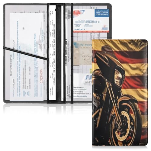Msyxl Vintage Motorcycle Flag Car Registration and Insurance Holder, PU Leather Glove Box Organizer with Magnetic Closure for Essential Documents, Cards, Driver License