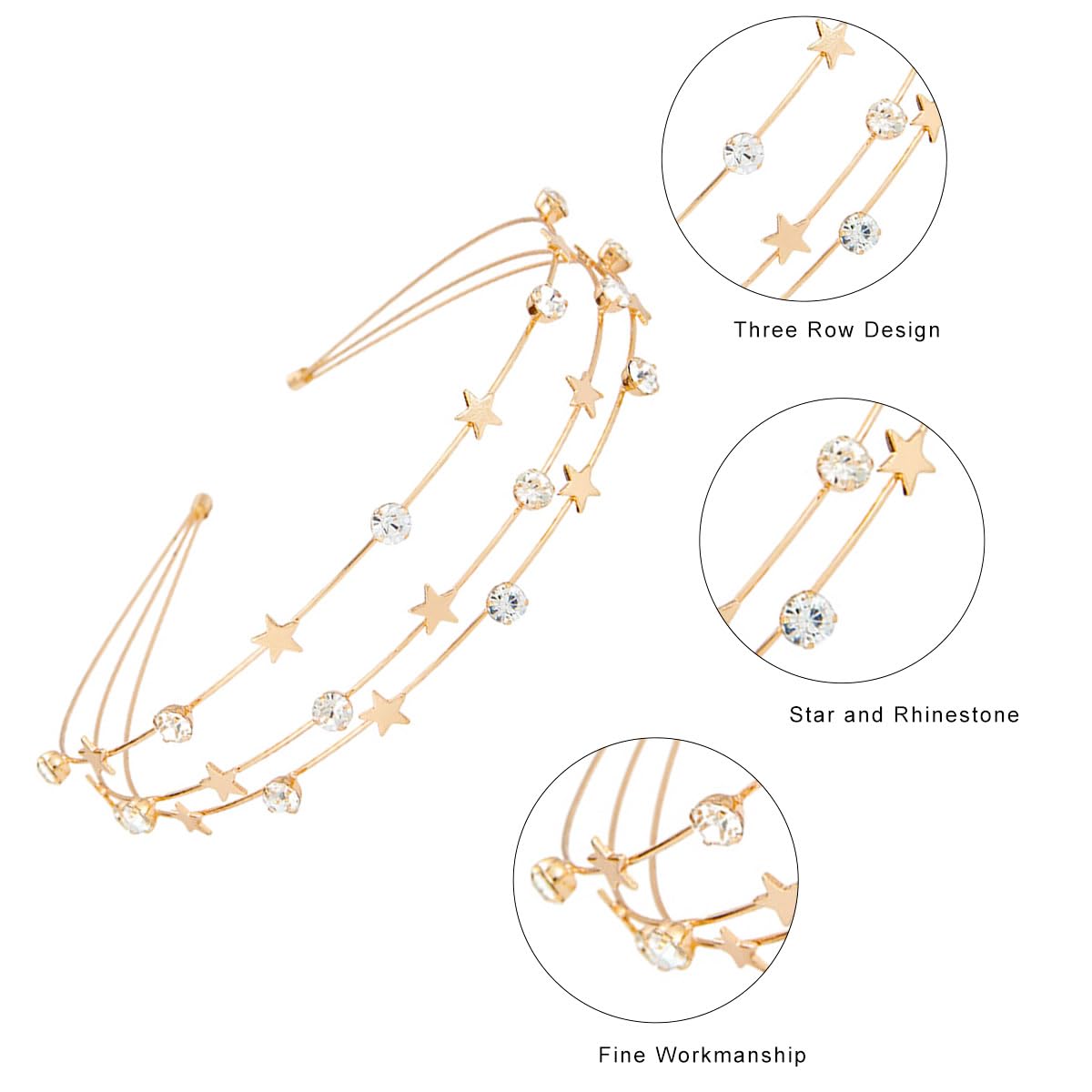 scicent Hair Bands Star Headband Metal Three Layer Hairband Rhinestones Hair Hoop Faux Sparkly Diamond Bridal Head Bands Gold Wedding Hair Accessories for Women Girls - Image 3