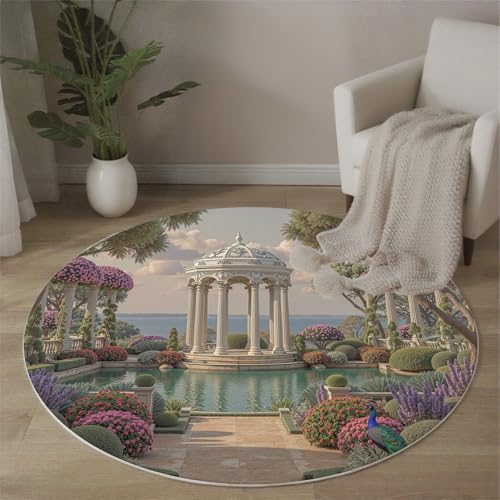 Greek Garden Pavilion Round Rugs 150cm, European Garden Style Rug for Living Room, Non Slip Washable Bedroom Pinkish-Purple Area Rug, Soft Round Carpet for Nursery Dining Room Playroom