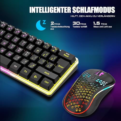 RedThunder 60% Kabelloses RGB Gaming Tastatur und Maus Set, QWERTZ DE Layout, Wiederaufladbare Funktastatur mit Ultraleichte Gaming Maus… – Ansicht 4
