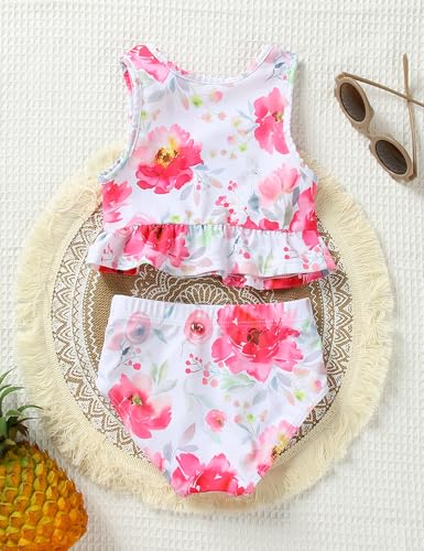 GiHaood Baby Mädchen Badeanzug Ärmelloses gerüschtes rosa tropisches florales Oberteil Hoher Taillenbikini-Badeanzug 2-teiliges Set 18-24 Monate Mädchenkleidung