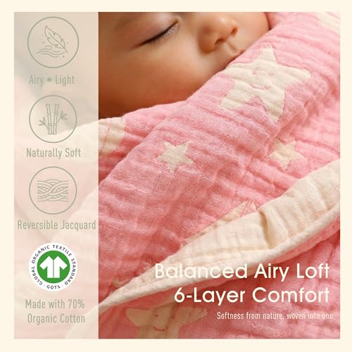 Image of 6-Layer Muslin Baby Blanket Made with Organic Cotton - Serene Ocean Life & Sea Wonders Theme,Swaddle & Crib Quilt, 43 inch x 43 inch,Pink Ocean
