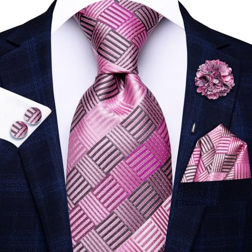 Image of Hi-Tie Pink Purple Mens Striped Ties Set Formal Necktie Lapel Pin Pocket Square Cufflinks Sets Formal Business Wedding