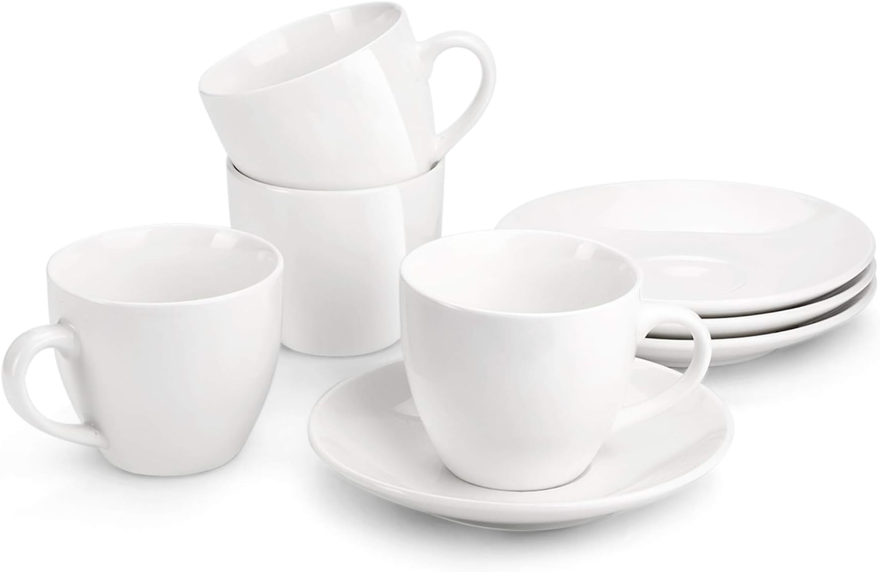 8 Ounce Porcelain Cappuccino Cups with Saucers - Set of 4, Perfect for Specialty Coffee Drinks, Latte, Cafe Mocha and Tea, White