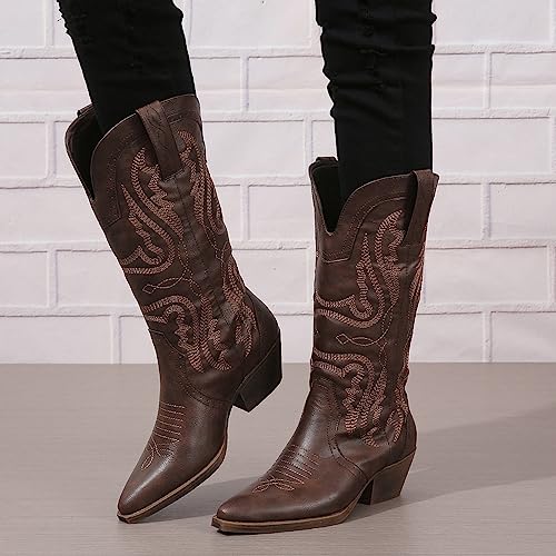 Image of SelRoys Cowboy Boots for Women Cowgirl Mid Calf Western Boots Embroidered Stitched Pointed Toe Chunky Block Heel Brown Red Black US5-11