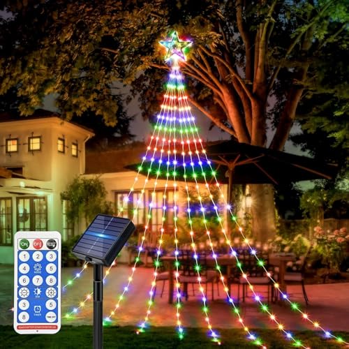2M Solar LED Wasserfall Lichterkette Stern,Weihnachtsbaum Lichter Wasserfall,Lichterketten für Außen Wasserdicht,LED Lichterkette Weihnachtsbaum Solar...