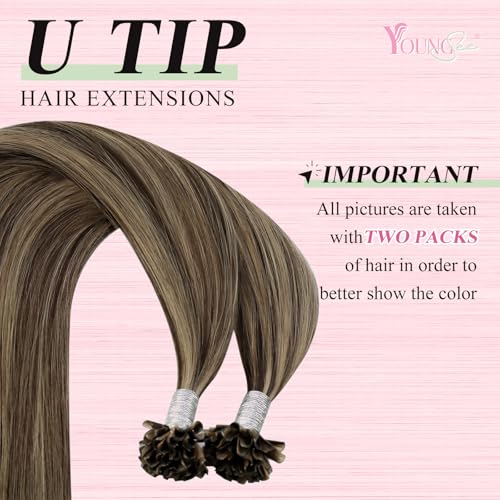 Image of YoungSee U Tip Hair Extensions Human Hair Brown Highlight K Tip Hair Extensions Real Human Hair 24 Inch Keratin Hair Extension Blonde Highlight Utip Extension Dark Brown Highlight Blonde 50s /50g