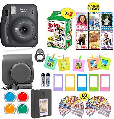 Fujifilm Instax Mini 11 Instant Camera Charcoal Gray + Carrying Case + Fuji Instax Film Value Pack (20 Sheets) Accessories Bundle, Color Filters, Photo Album, Assorted Frames