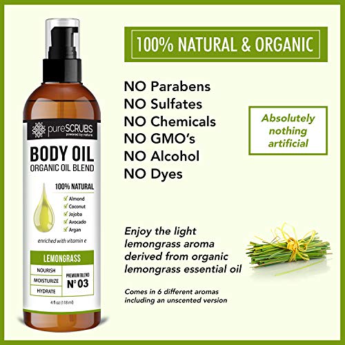 Purescrubs Ultra Moisturizing Lemongrass Body Oil Spray For Dry Skin, Massage, & More, Organic Super Blend Of Jojoba, Argan, Coconut, Sweet Almond & Avocado Oils Enriched With Vitamin E - Lg 4Oz #TOP3