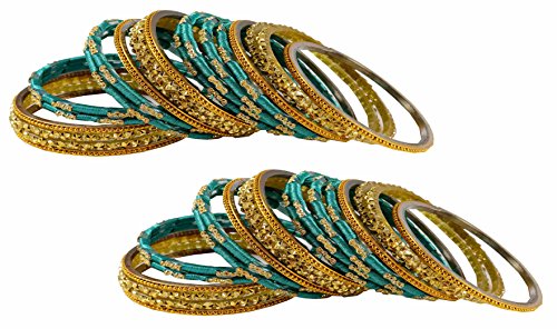 Image of NMII Radium Color Silk Thread & Glass Bangles Set For Girls & Women (Radium,2.6)