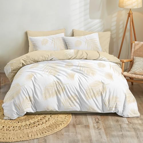 Dreamzie Funda Nordica Cama 90 Diseño de Hojas de Palmera Beige y Blanco con 1 Funda Almohada 50x70 cm Funda Nordica 135x200 de 100% Microfibra - Certificada Oeko Tex