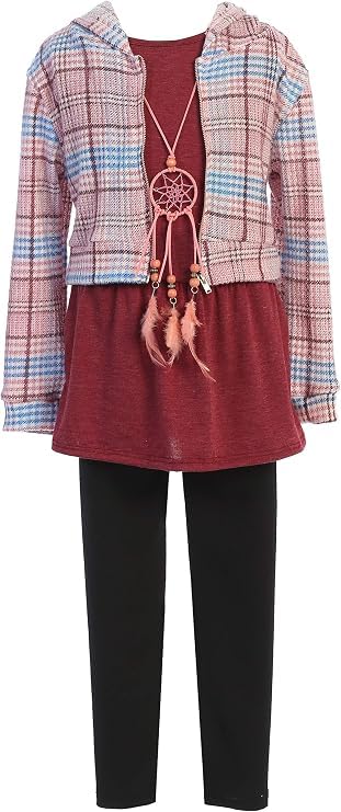 Image of iGirlDress Girls 4 Pieces Pant Set Long Sleeve Jacket Necklace Floral Plaid Pant 4-16