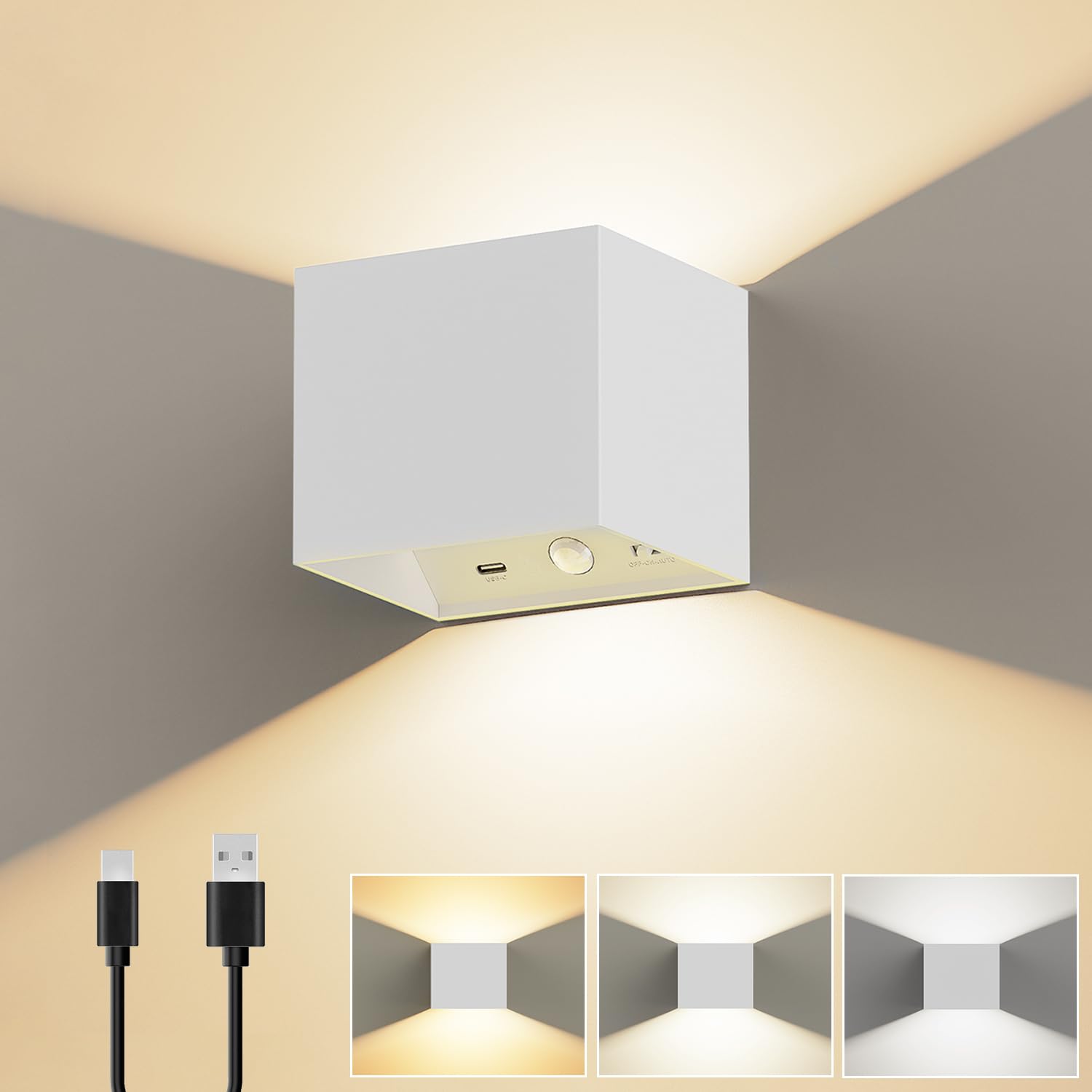 Rechargeable Wall Light with Motion Sensor Battery Operated Wall Lamp White