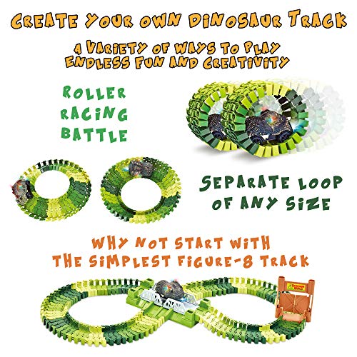 KITOART Dinosaur Toys-258 Pcs Create A Dinosaur World Road Race, Dinosaur Race Track-Flexible Assembly of Various Track Devices & 2 Cool Dinosaur Car, Best Gift for Kids-3 4 5 6 Year Old Boys Girls